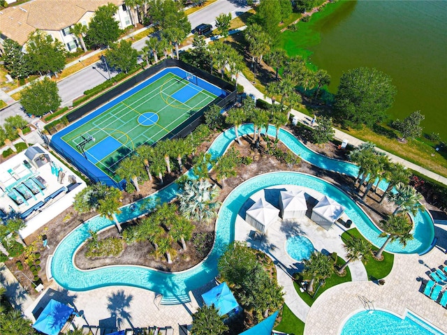 birds eye view of property featuring a water view