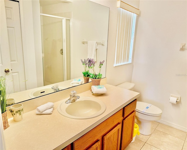 bathroom featuring tile patterned floors, toilet, an enclosed shower, and vanity