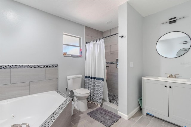 full bathroom featuring toilet, vanity, and shower with separate bathtub