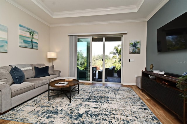 living room featuring crown molding, a tray ceiling, and light hardwood / wood-style floors