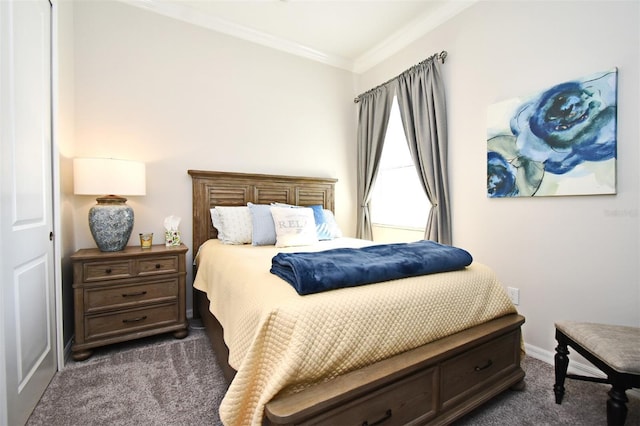 bedroom featuring dark colored carpet and crown molding