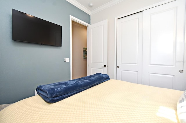 bedroom featuring ornamental molding and a closet