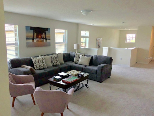 living room with light colored carpet