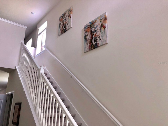 staircase with a towering ceiling