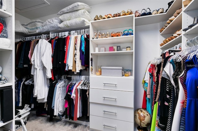 walk in closet with light carpet