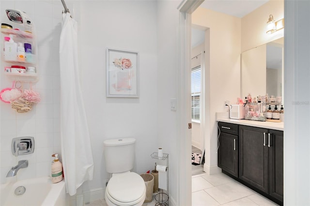 full bathroom featuring shower / bath combination with curtain, vanity, toilet, and tile patterned flooring