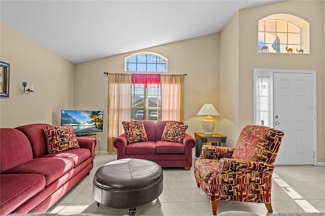 tiled living room featuring lofted ceiling