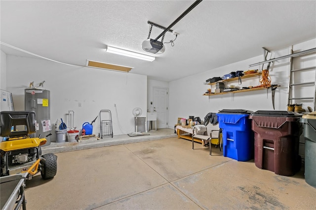 garage with water heater and a garage door opener