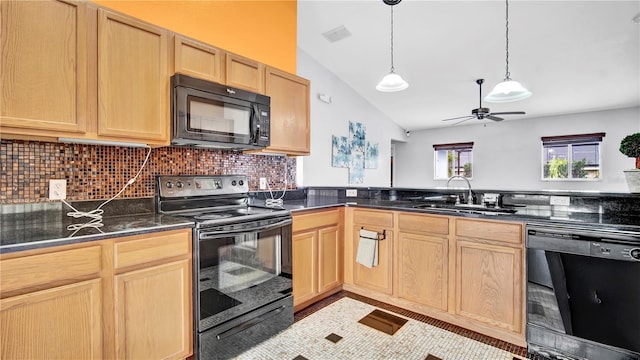 kitchen with light tile patterned flooring, sink, vaulted ceiling, hanging light fixtures, and black appliances