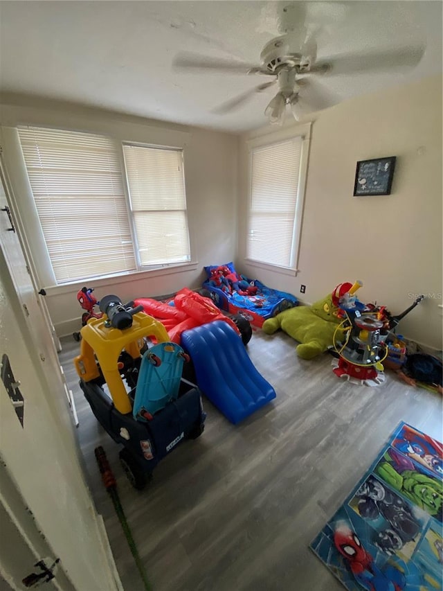 bedroom with hardwood / wood-style floors and ceiling fan