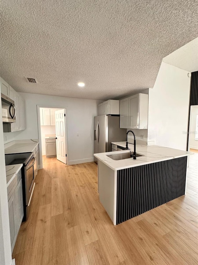 kitchen with appliances with stainless steel finishes, sink, gray cabinetry, kitchen peninsula, and light hardwood / wood-style flooring