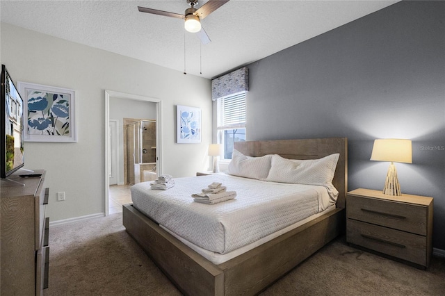 carpeted bedroom with ceiling fan, connected bathroom, and a textured ceiling