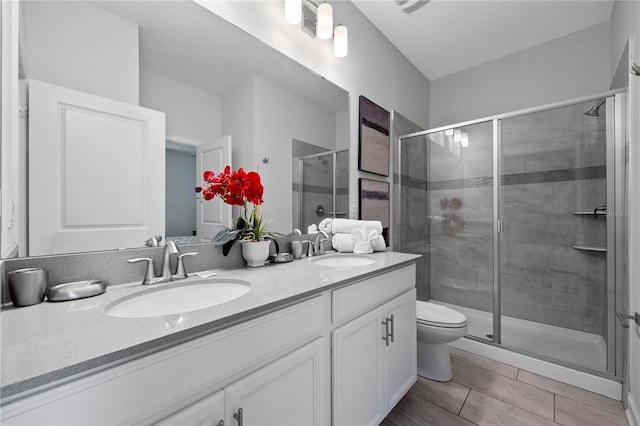 bathroom featuring vanity, toilet, and a shower with shower door