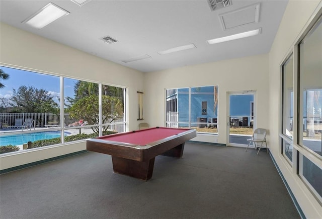 recreation room with pool table and dark carpet