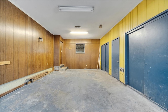 empty room featuring wood walls