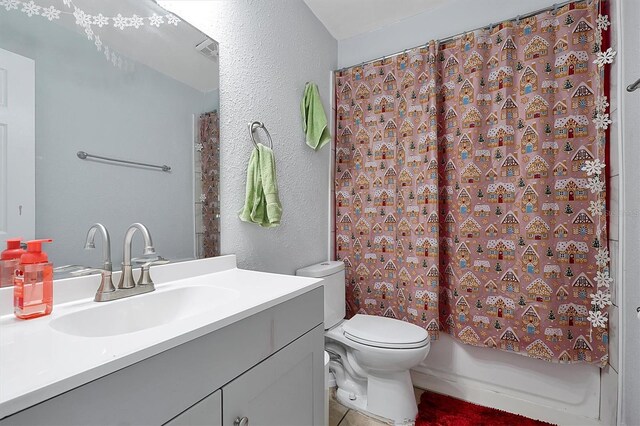 bathroom featuring visible vents, a textured wall, toilet, shower / tub combo, and vanity