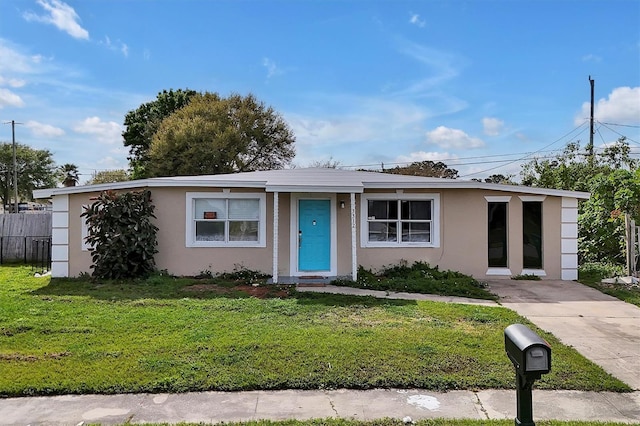 view of front of house with fence, a front lawn, and stucco siding