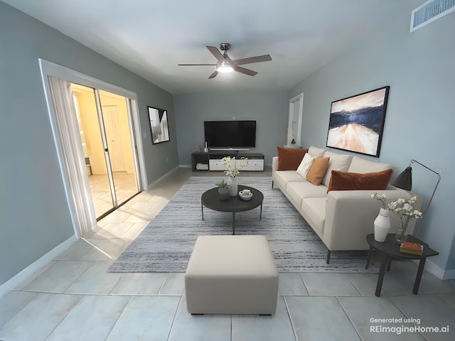 living room featuring ceiling fan, tile patterned flooring, visible vents, and baseboards