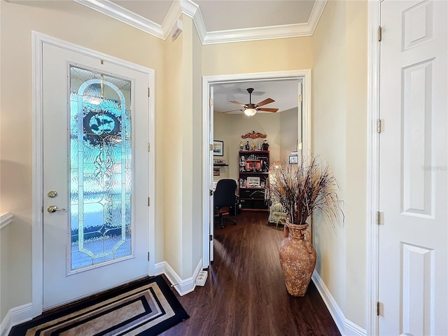 foyer entrance with crown molding and dark wood-type flooring