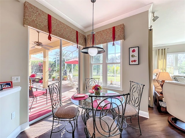 dining room featuring wood-type flooring, ornamental molding, and ceiling fan