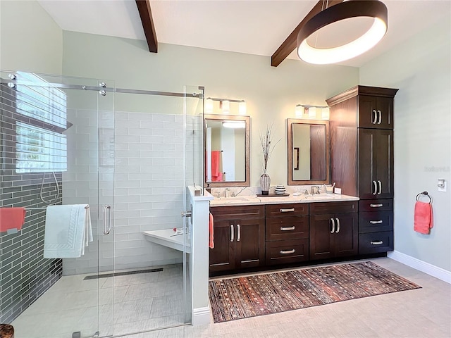 bathroom featuring walk in shower, vanity, beam ceiling, and tile patterned flooring