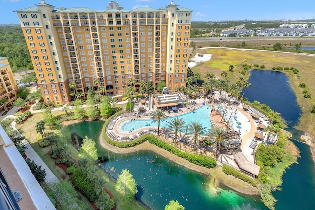 drone / aerial view featuring a water view