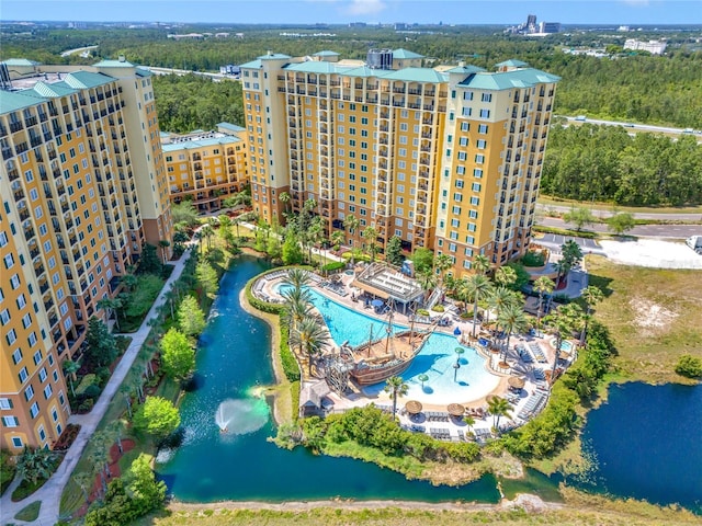 bird's eye view with a water view