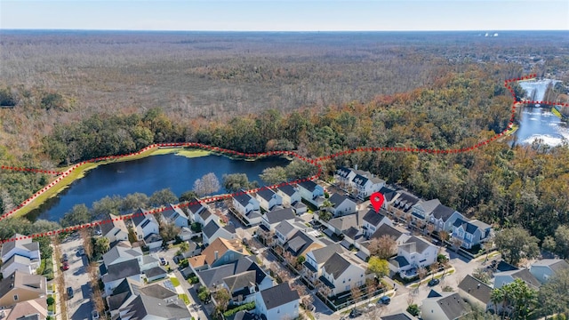 aerial view featuring a water view