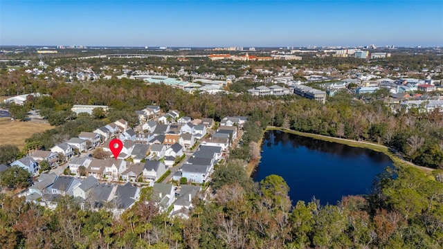 bird's eye view with a water view