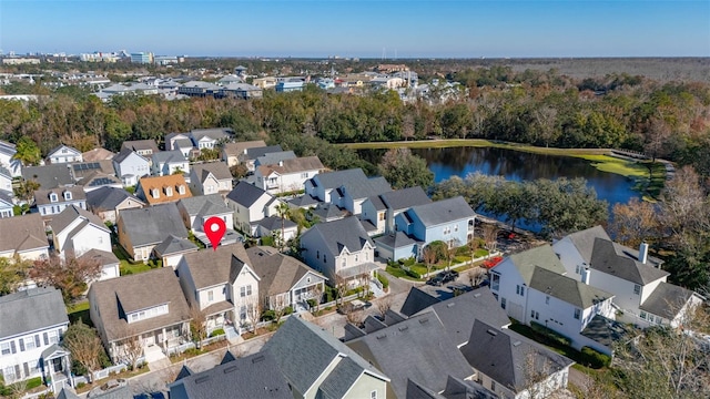 drone / aerial view featuring a water view