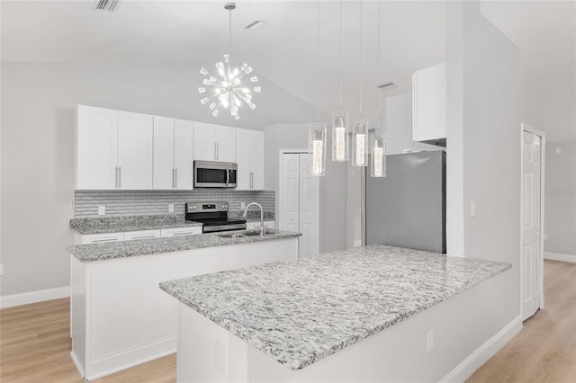 kitchen with pendant lighting, white cabinetry, a center island with sink, and appliances with stainless steel finishes