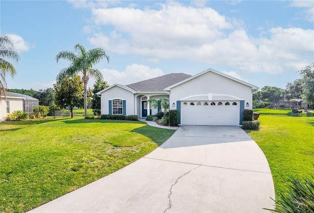 single story home featuring a garage and a front yard