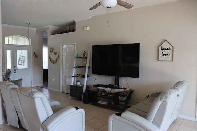 6002 Renaissance Ct, Saint Cloud, FL 34772 - living area with baseboards, light tile patterned floors, a ceiling fan, and ornamental molding