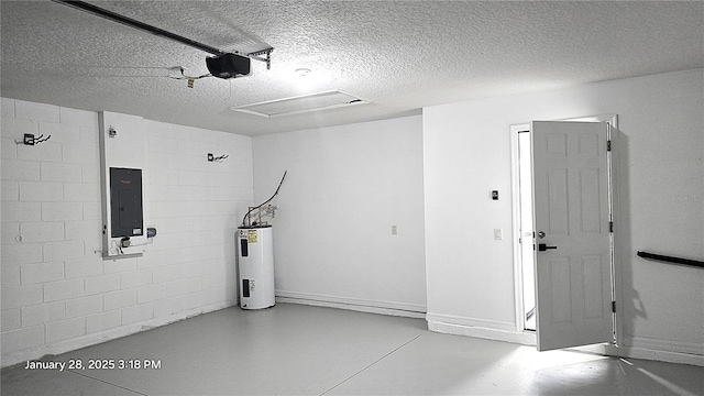 garage with a garage door opener, electric panel, and water heater