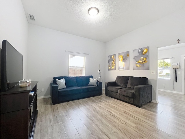 living room featuring a textured ceiling and light wood-type flooring