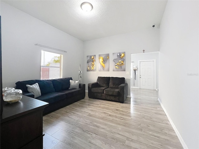 living room with a towering ceiling, a textured ceiling, and light wood-type flooring