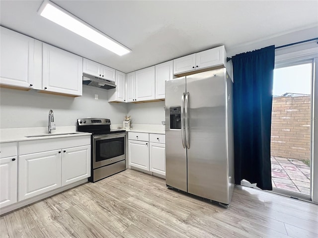 kitchen featuring white cabinetry, appliances with stainless steel finishes, sink, and light wood-type flooring