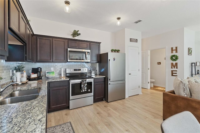 kitchen with sink, stainless steel appliances, light stone counters, tasteful backsplash, and dark brown cabinetry