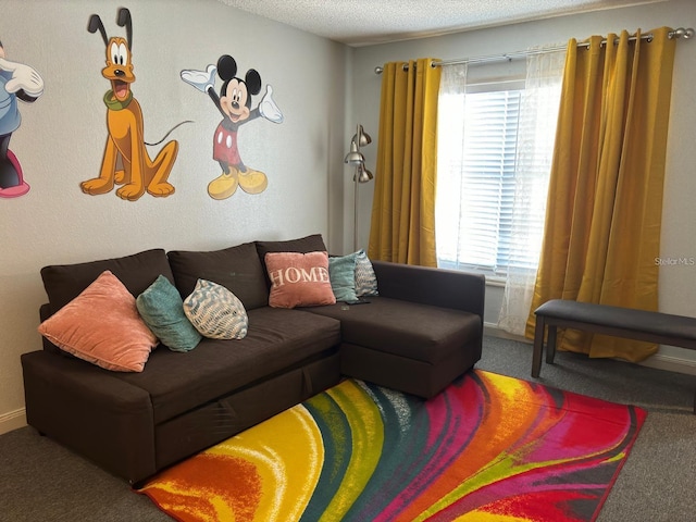 living room with a healthy amount of sunlight, carpet flooring, and a textured ceiling