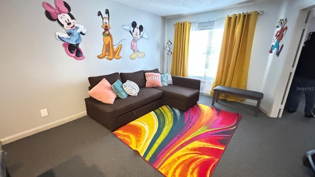 carpeted living room with a textured ceiling