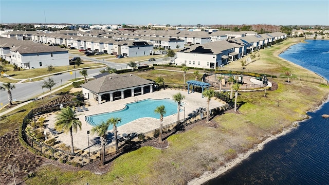 drone / aerial view featuring a water view