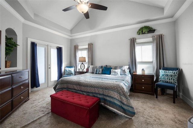 bedroom featuring access to exterior, ceiling fan, high vaulted ceiling, and light colored carpet