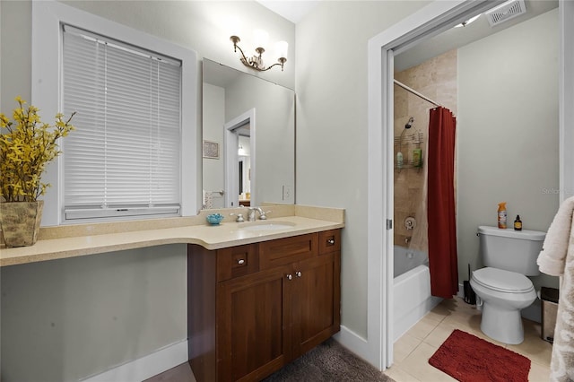 bathroom with visible vents, toilet, shower / bath combo, vanity, and tile patterned flooring