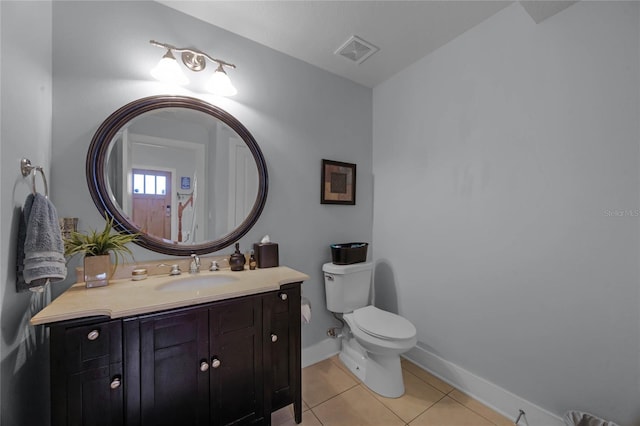 half bathroom with tile patterned flooring, toilet, vanity, visible vents, and baseboards