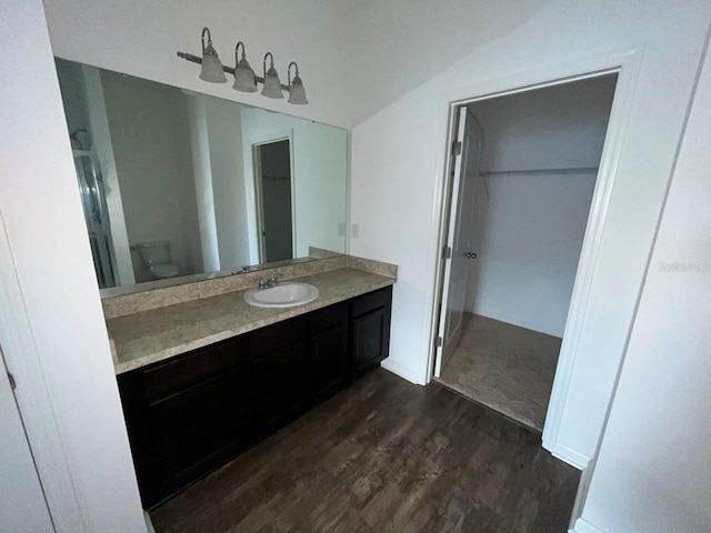 bathroom featuring wood-type flooring, toilet, and vanity