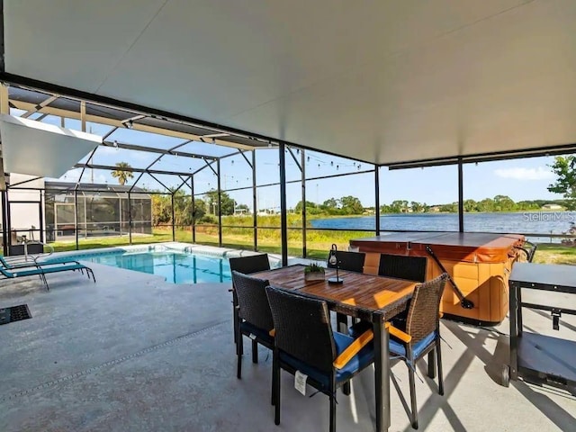 view of swimming pool with a hot tub, a water view, a patio area, and a lanai