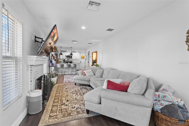 living room featuring dark wood-type flooring