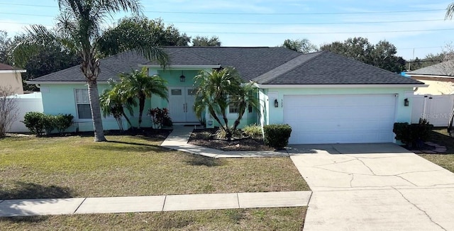 ranch-style home with a garage and a front yard