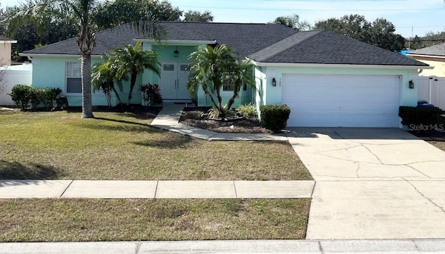 ranch-style house featuring a garage and a front yard