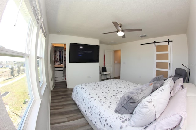 bedroom featuring multiple windows, wood-type flooring, a barn door, and a spacious closet